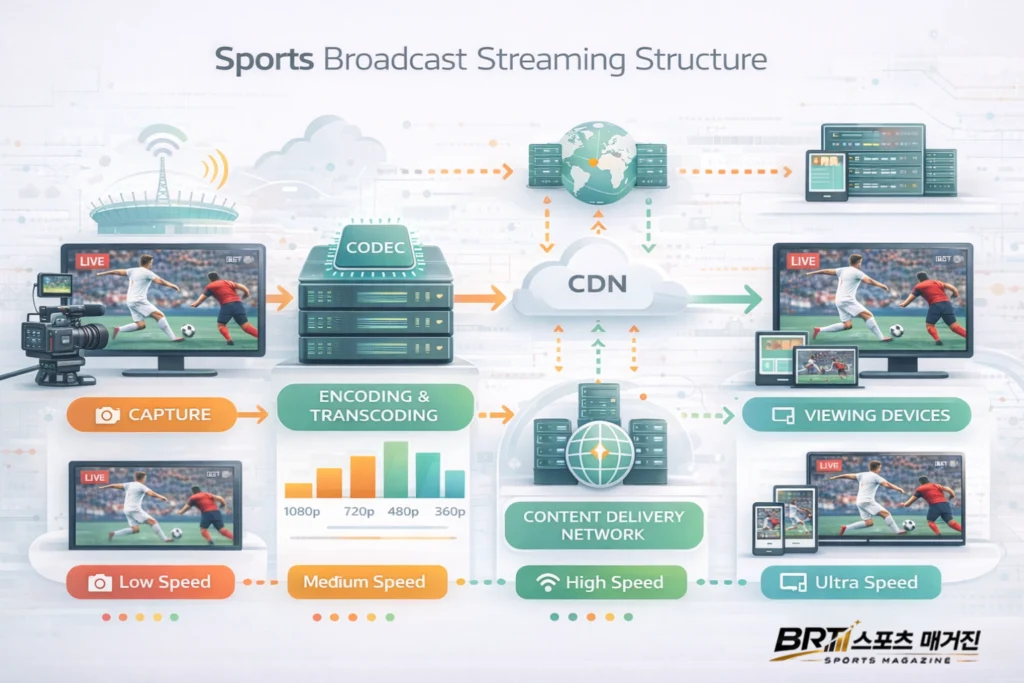 스포츠중계 스트리밍 기술 구조와 CDN 분산 전송 과정 인포그래픽