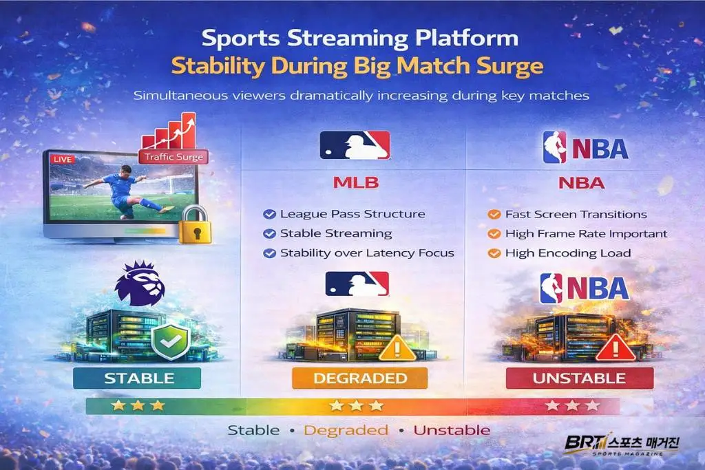 빅매치 동시접속 상황에서 스포츠중계 플랫폼 안정성 비교 그래픽