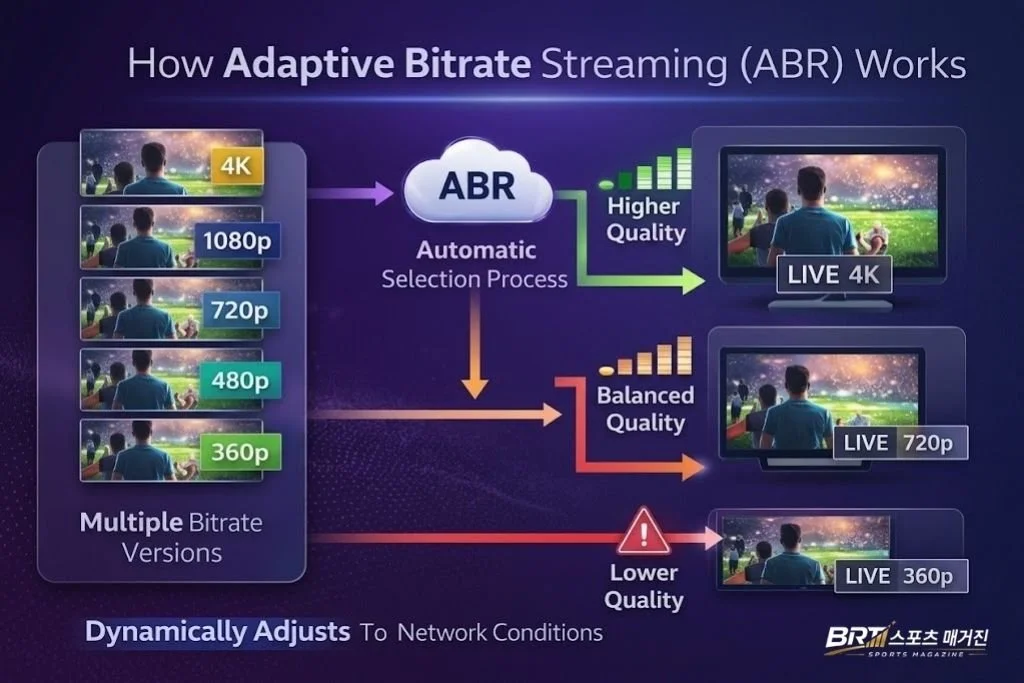 적응형 스트리밍 ABR 작동 원리와 비트레이트 전환 구조도