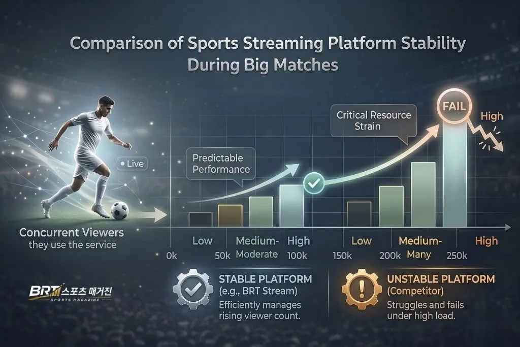 빅매치 동시접속 시 스포츠중계 플랫폼 안정성 비교 구조