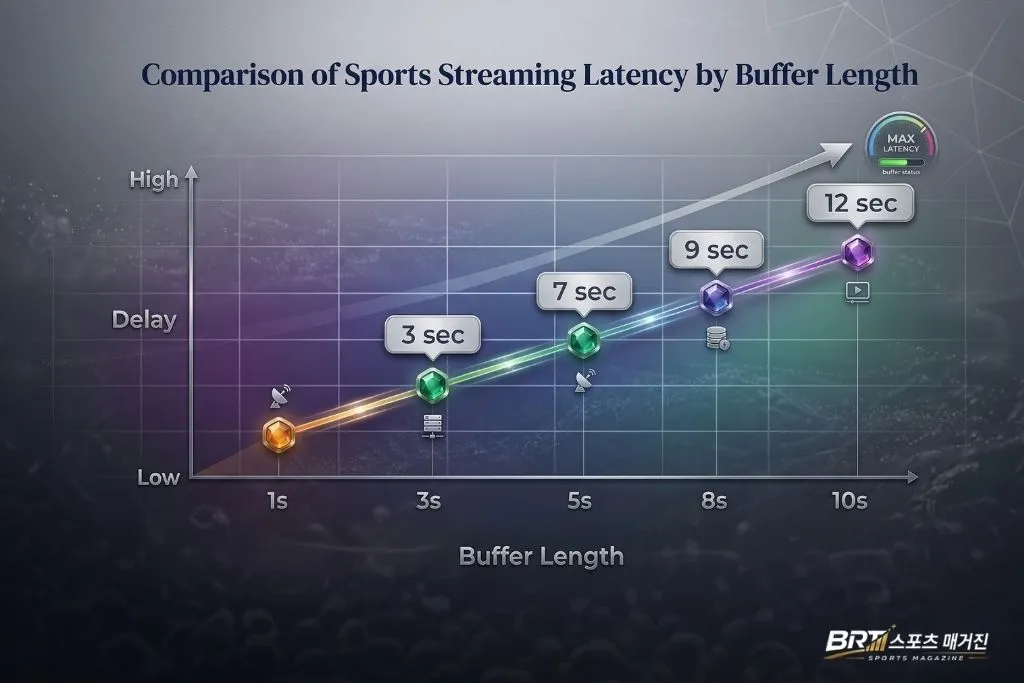 버퍼 길이에 따른 스포츠중계 지연 시간 비교 그래프