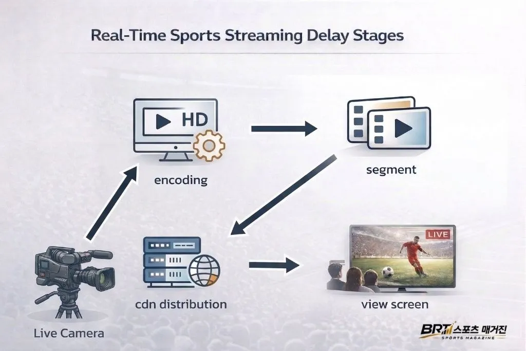 실시간스포츠중계 지연(Latency) 원인과 스트리밍 구조 흐름 인포그래픽