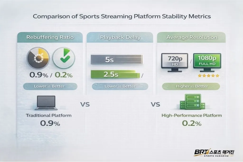 스포츠중계 플랫폼의 재버퍼링, 지연, 해상도 변화를 비교한 안정성 그래프