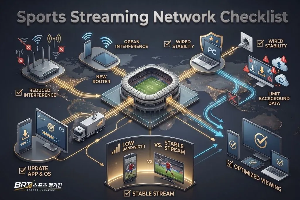 실시간스포츠중계 안정성을 높이기 위한 사용자 네트워크 점검 항목을 설명하는 인포그래픽