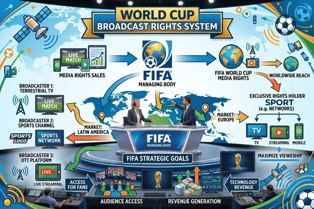 월드컵중계 글로벌 방송권 판매 구조와 FIFA 중계권 운영 방식을 설명하는 인포그래픽