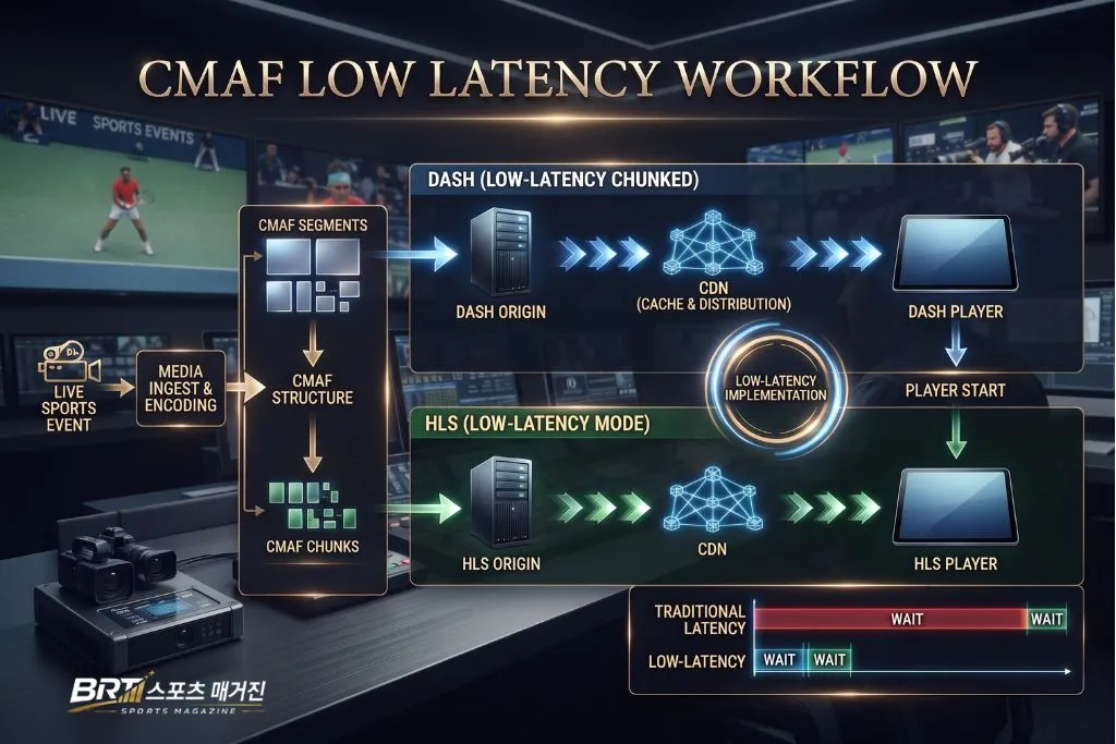 CMAF와 Low-Latency HLS·DASH의 스포츠중계 전송 흐름