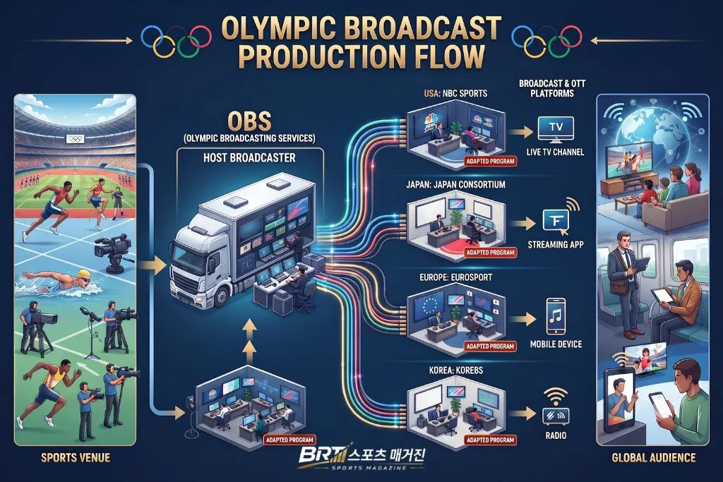 올림픽 경기 영상이 OBS와 방송·OTT 플랫폼을 거쳐 전달되는 과정
